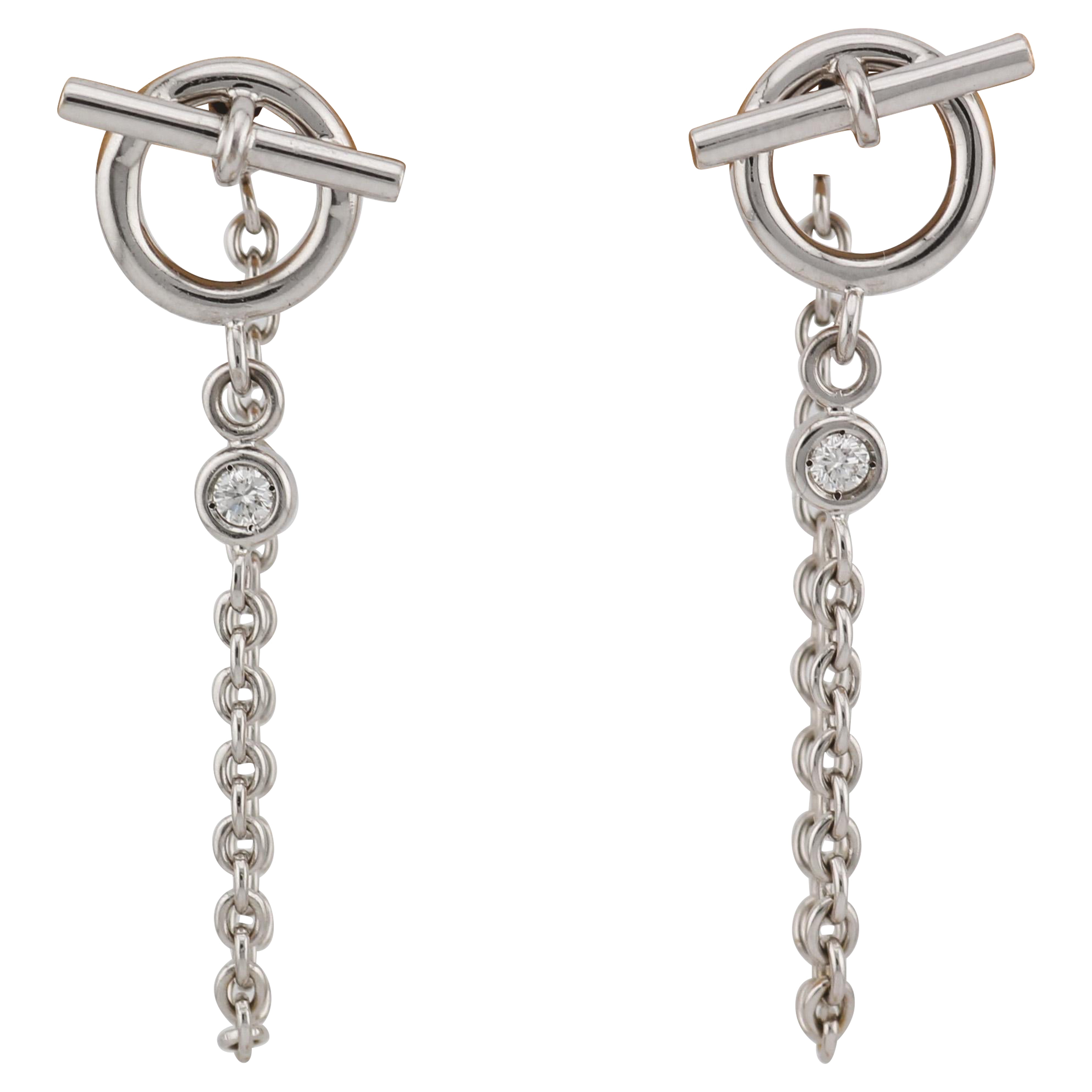 Hermes Diamond 18K White Gold Dangling Toggle Stud Earrings For Sale