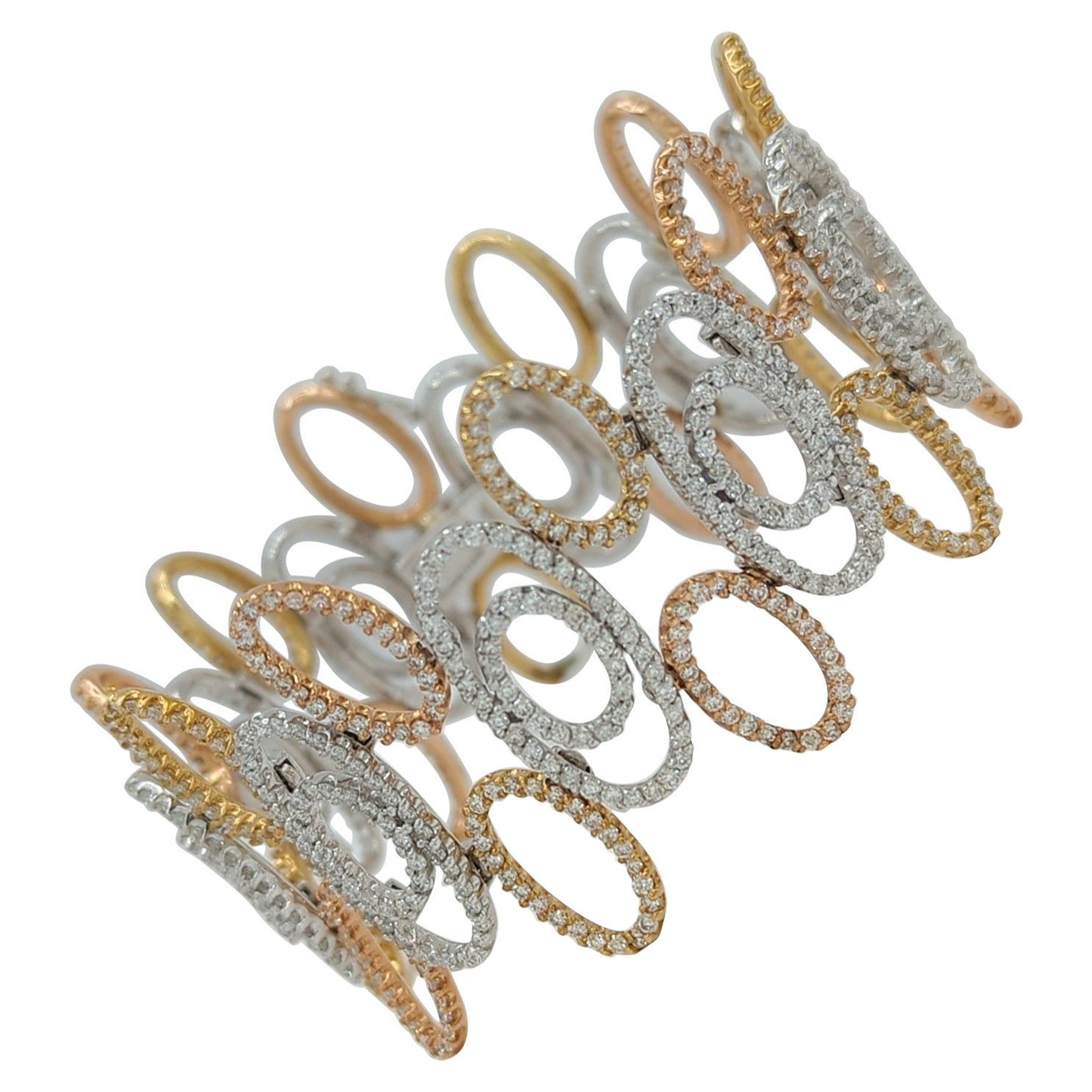 White Diamond Oval Design Bracelet in 18K 3 Tone Gold For Sale