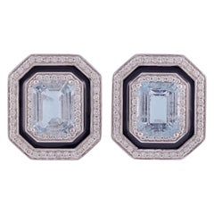 5.03 Carat Clear Aquamarine & Enamel Earring Studs in 18k White Gold