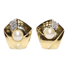 Orecchino d'oro naturale con diamanti e perle, vintage, anni '80 circa, decorato con diamanti e perle
