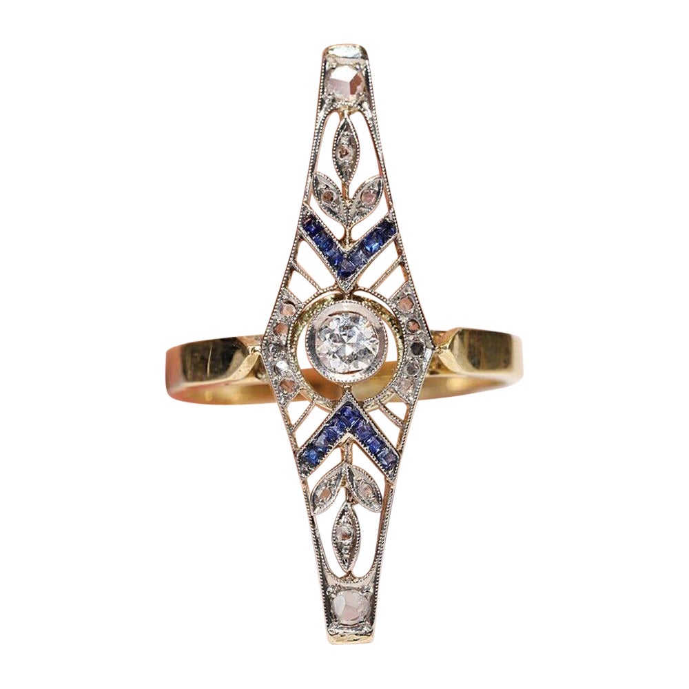 Antique Circa 1920s 18k Gold Natural Diamond And Caliber Sapphire Decorated Ring For Sale