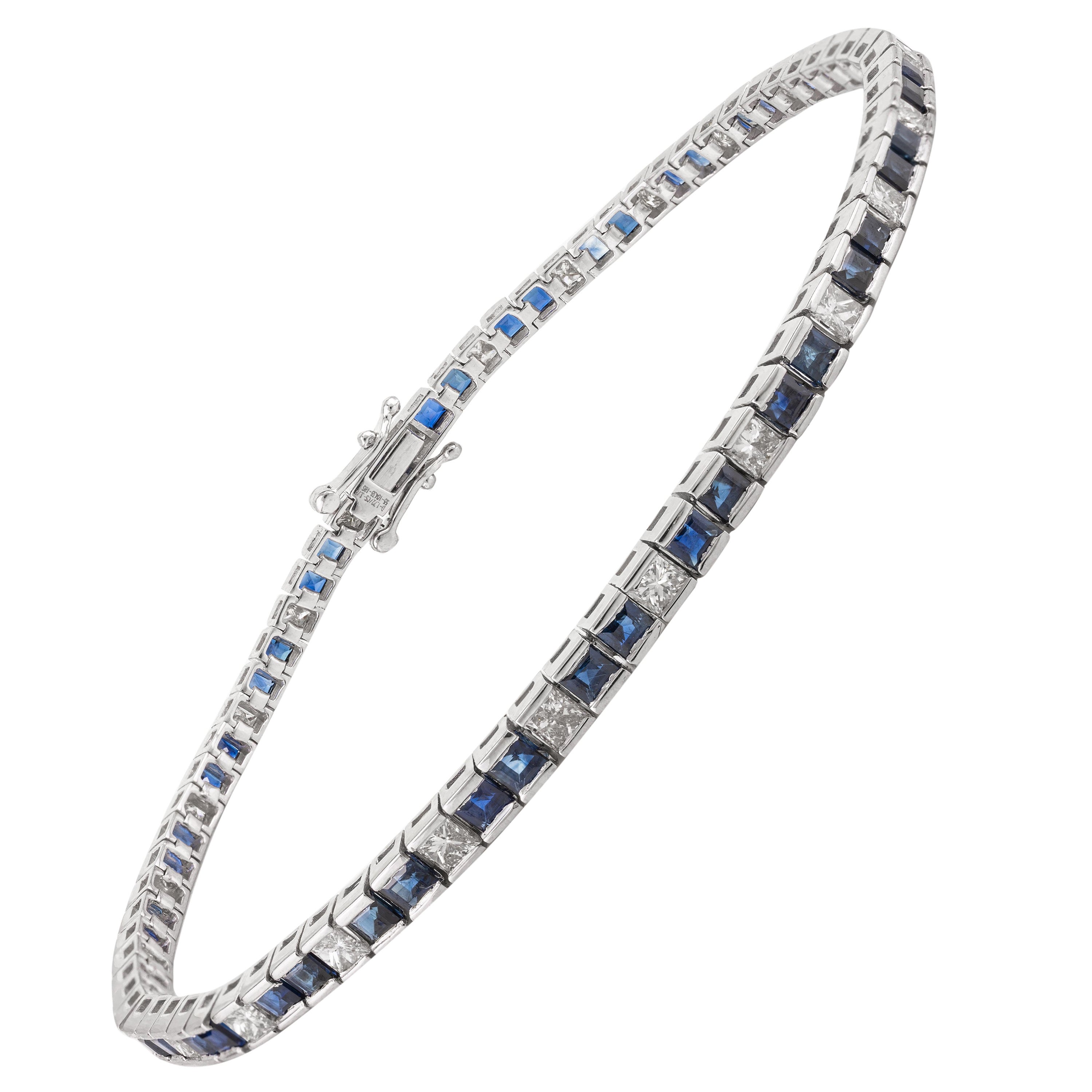 3.76 CTW Natural Blue Sapphire Diamond Tennis Bracelet in 18 Karat White Gold For Sale