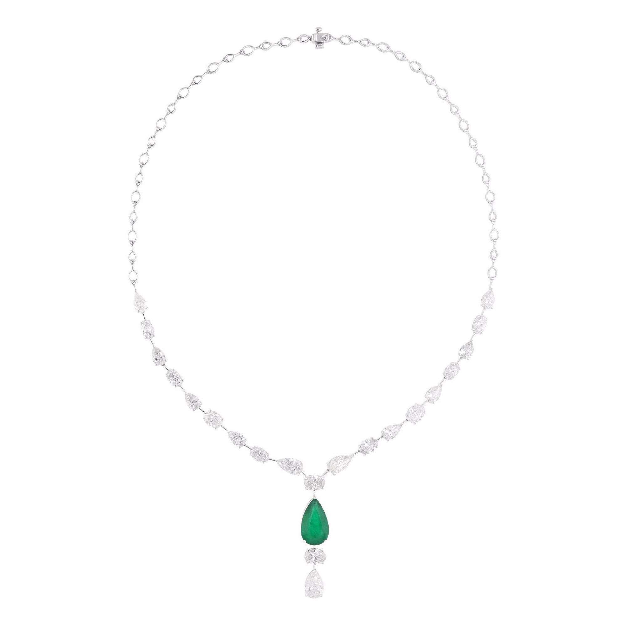 Pear Zambian Emerald Gemstone Charm Necklace Diamond 14 Karat White Gold Jewelry For Sale