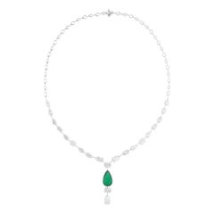 Pear Zambian Emerald Gemstone Charm Necklace Diamond 14 Karat White Gold Jewelry
