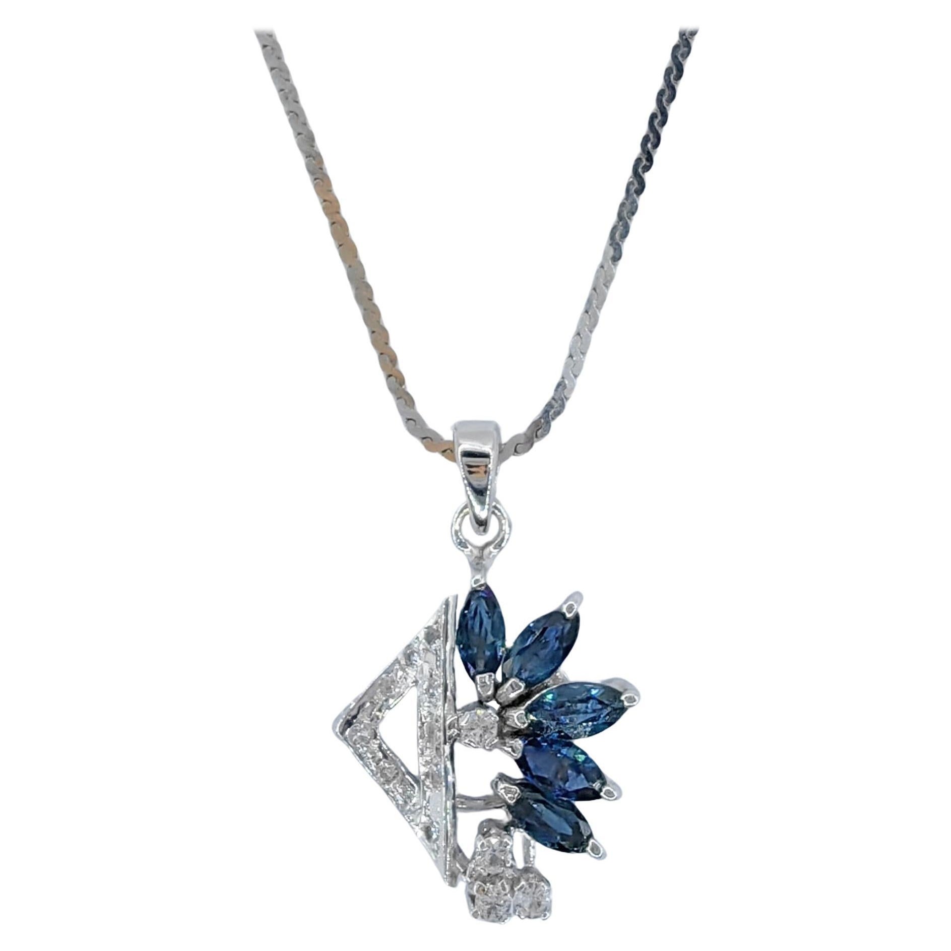 Vintage Art Deco Marquise Blue Sapphire Diamond 8K White Gold Necklace Pendant For Sale