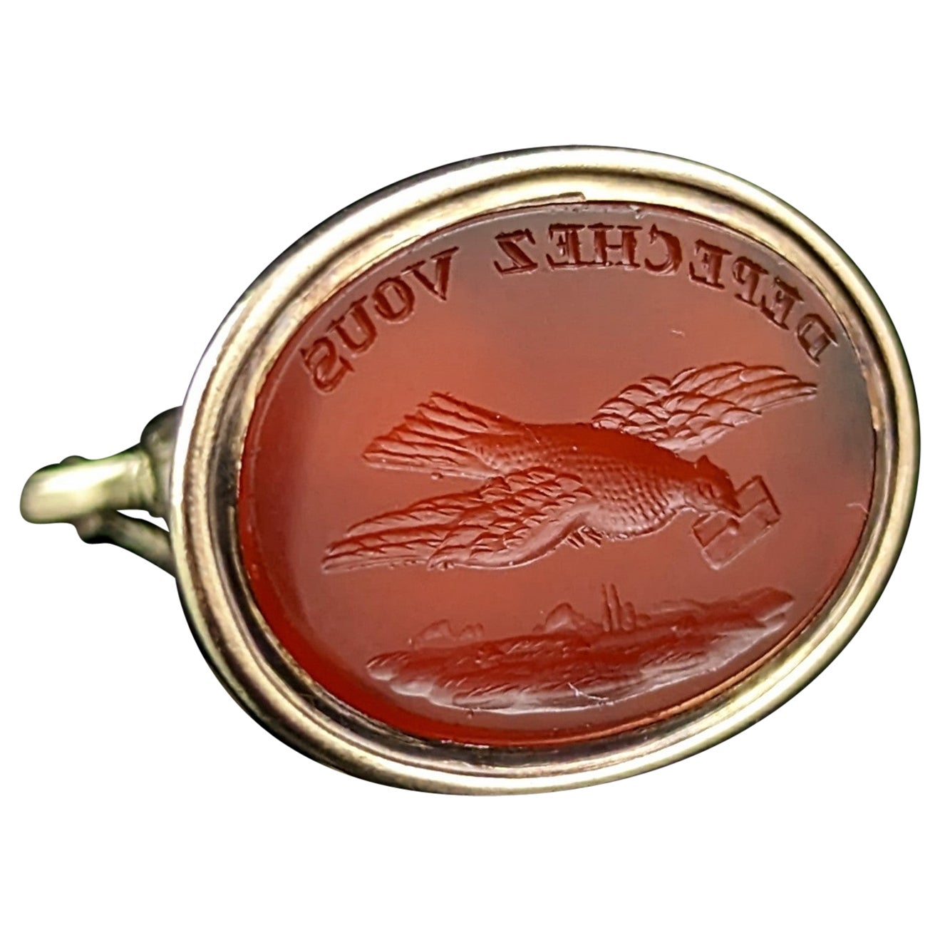 Antique Georgian seal fob pendant, Depeche Vous, 9k gold and Carnelian  For Sale
