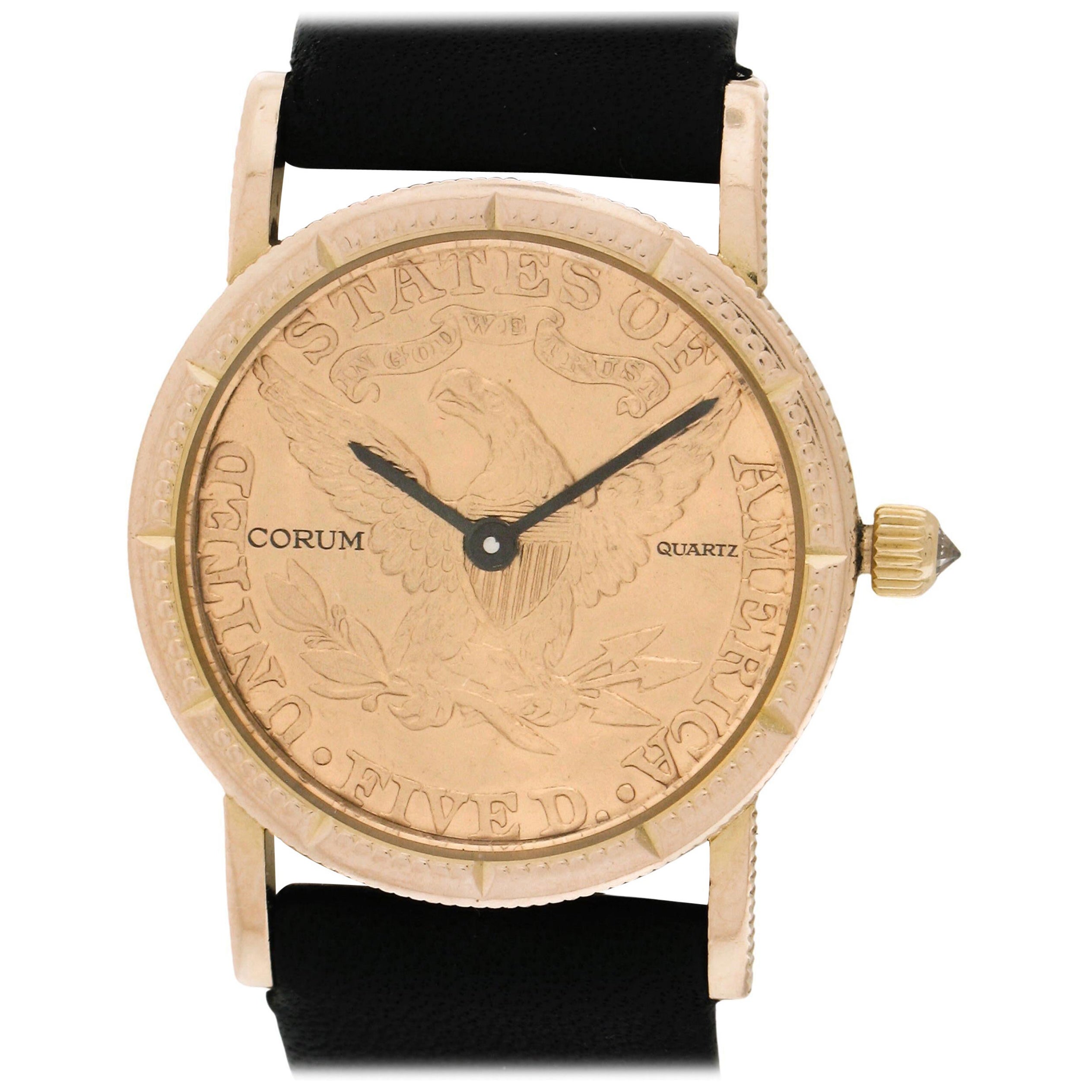 Vintage Corum 18k Yellow Gold 23mm Five $5 Dollar Coin Wrist Watch Ref. 122 For Sale
