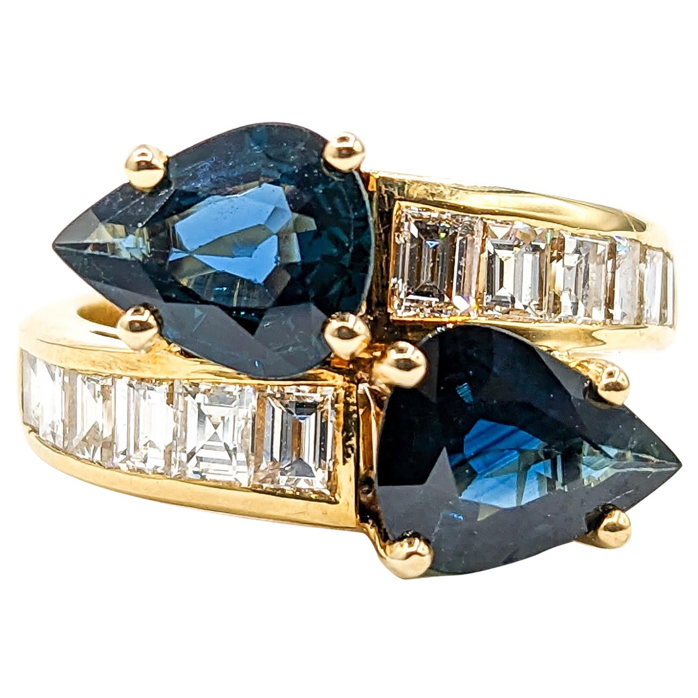For Sale:  Contemporary 18k Blue Sapphire & Diamond Bypass Ring