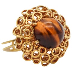 Retro Modernist 1970 Sculptural Cocktail Ring In Solid 18Kt Gold With Tiger Eye Cab