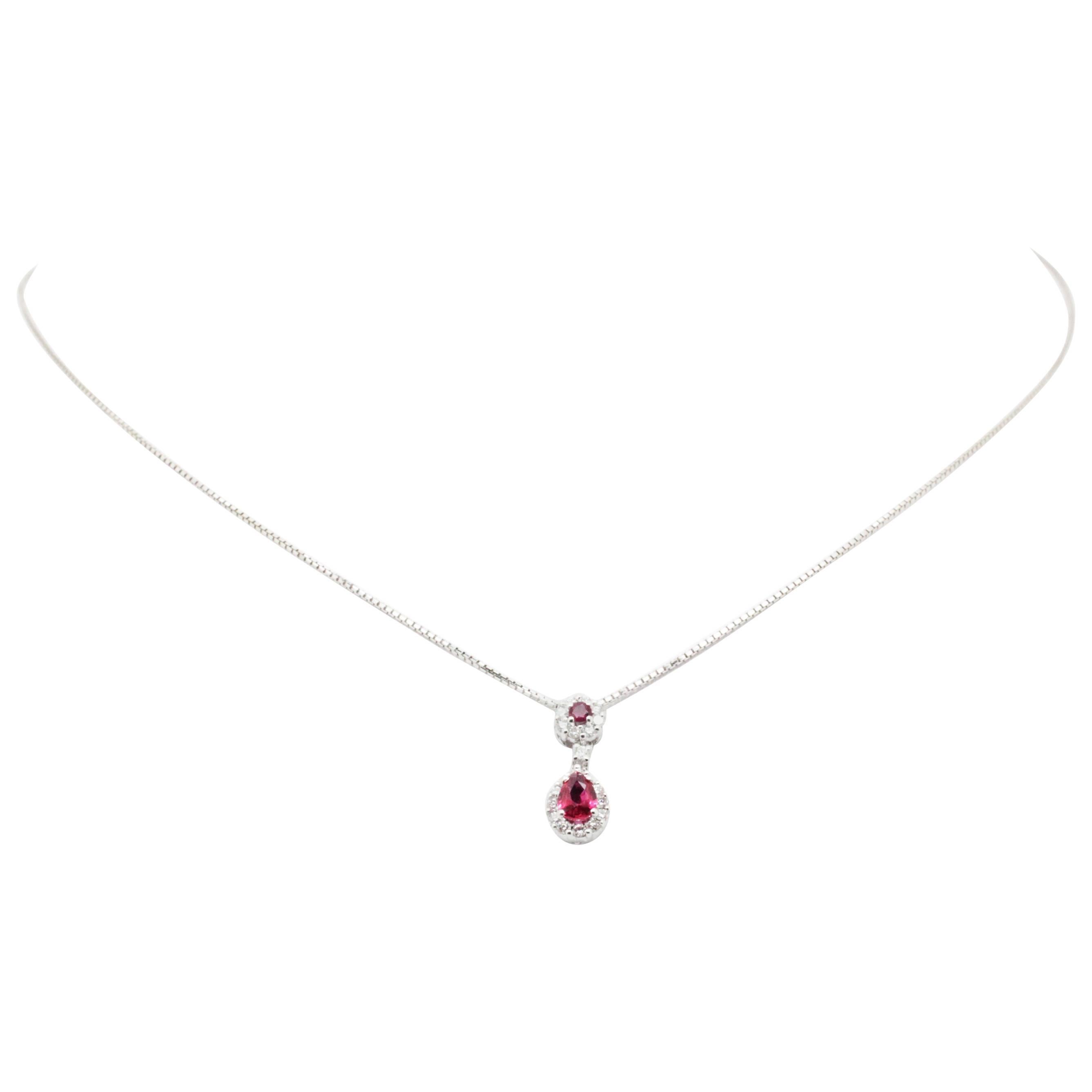 Pear Shape and Round Ruby Diamond white Gold Necklace Pendant  