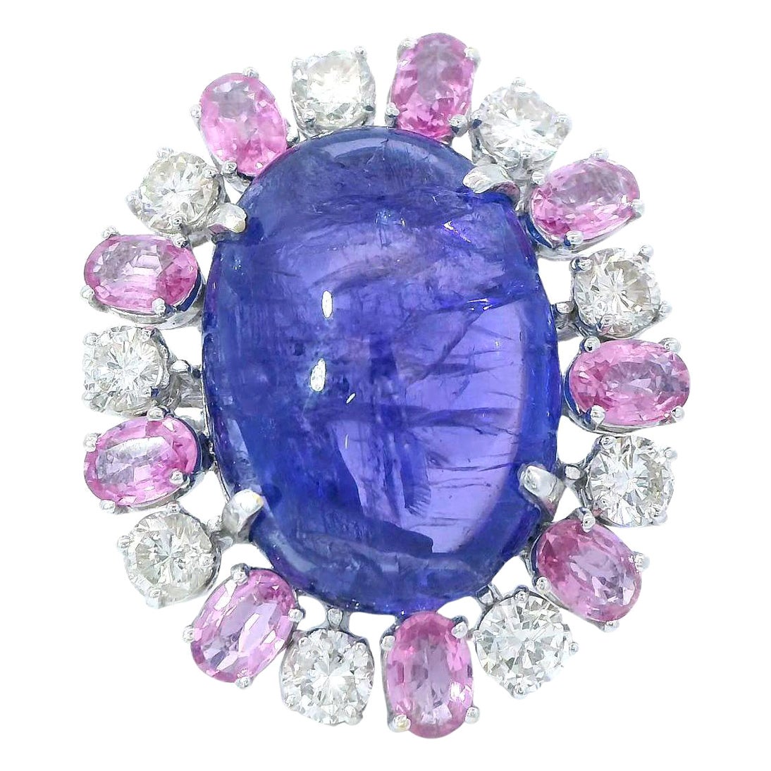 38.5 Carat Tanzanite, 5.2 Carat Pink Sapphire, 2.94 Carat Diamond 18K Gold Ring For Sale