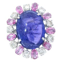 Antique 38.5 Carat Tanzanite, 5.2 Carat Pink Sapphire, 2.94 Carat Diamond 18K Gold Ring