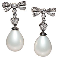 Retro 18k Gold Natural Diamond And Pearl Decorated Drop Earring 