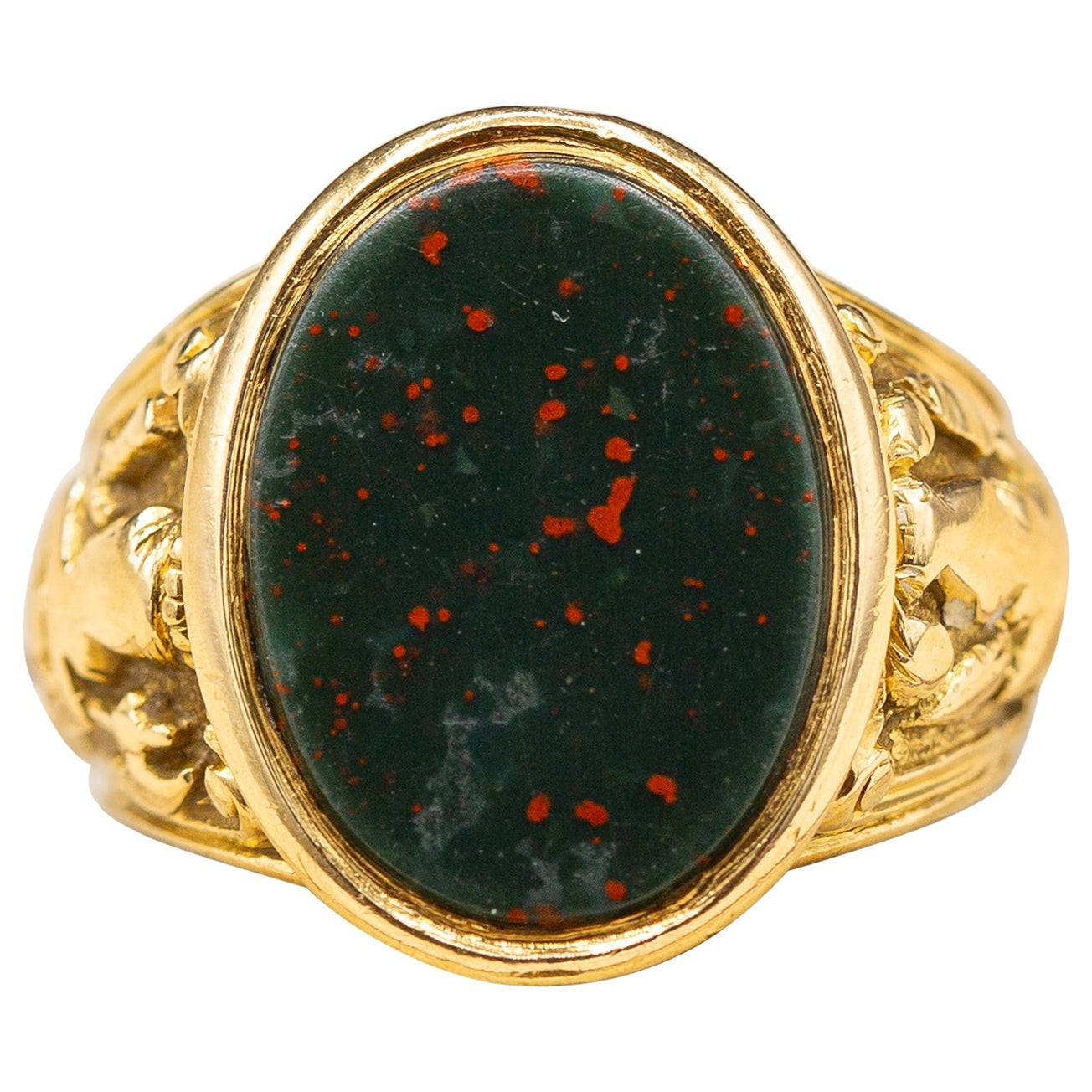 Antique Victorian Heavy 18K Gold Bloodstone Signet Ring Mens Coat of Arms c.1890