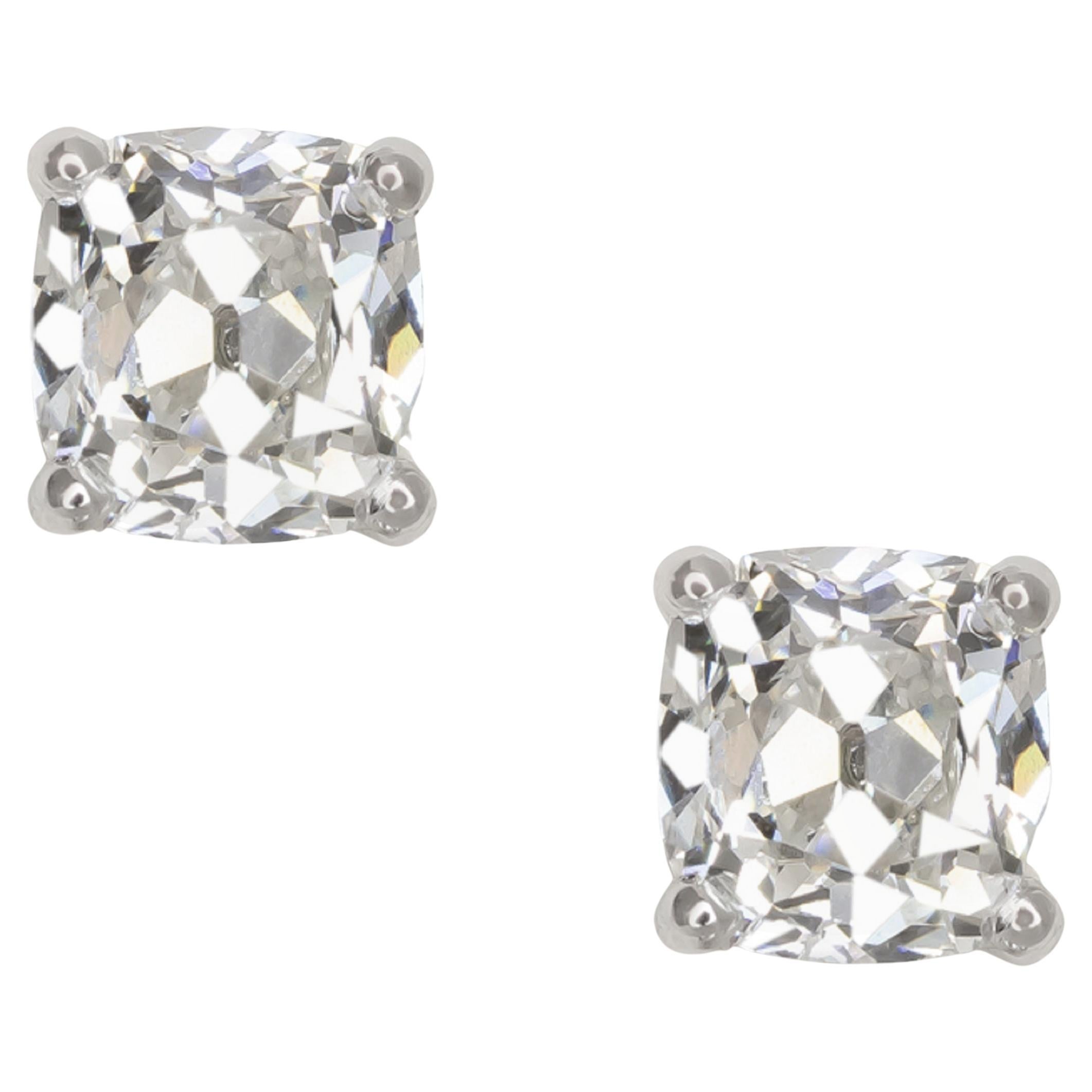 GIA Certified 3 Carat Old Mine Cushion Diamond Platinum Studs For Sale