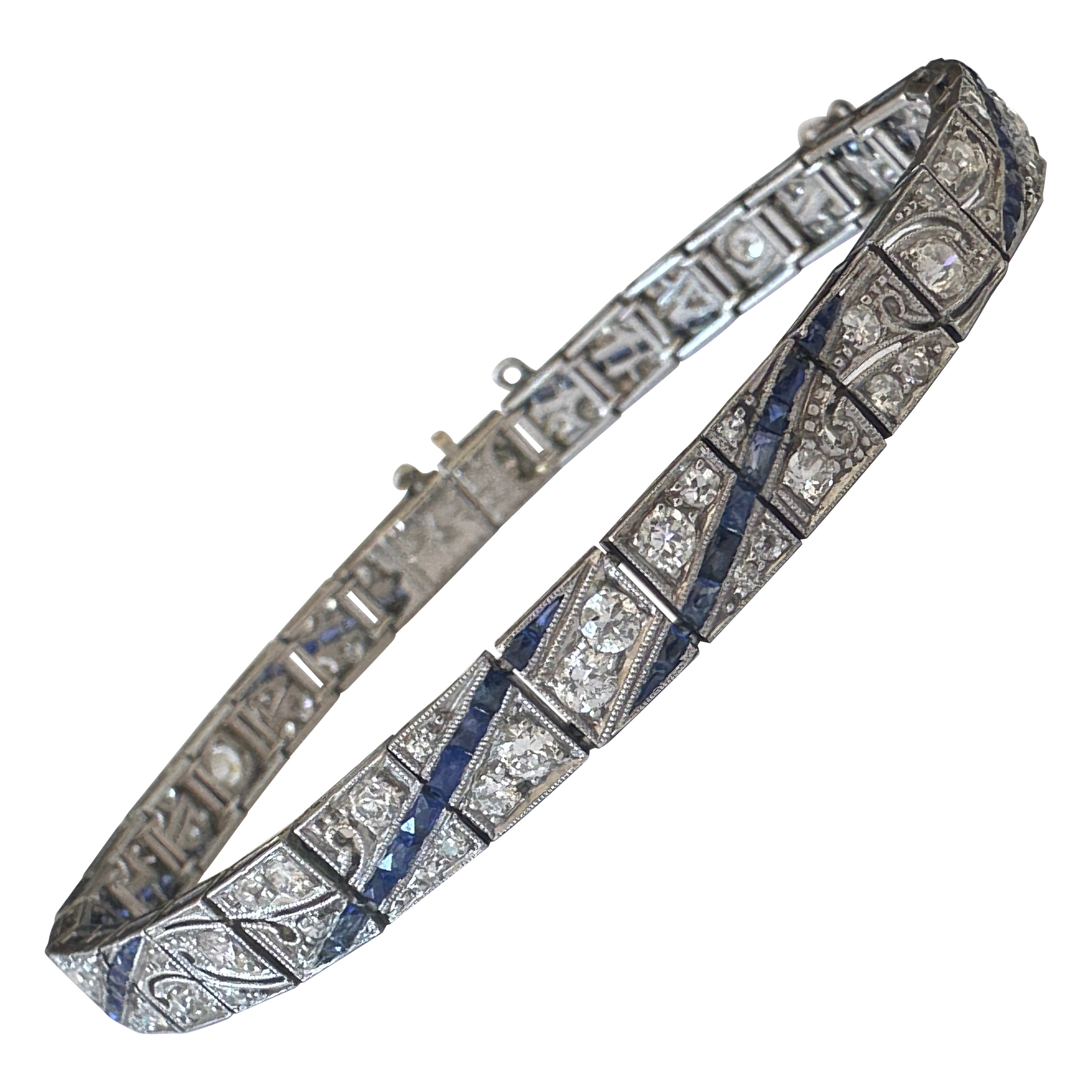 Art Deco Blue Sapphire and Diamond Link Bracelet 