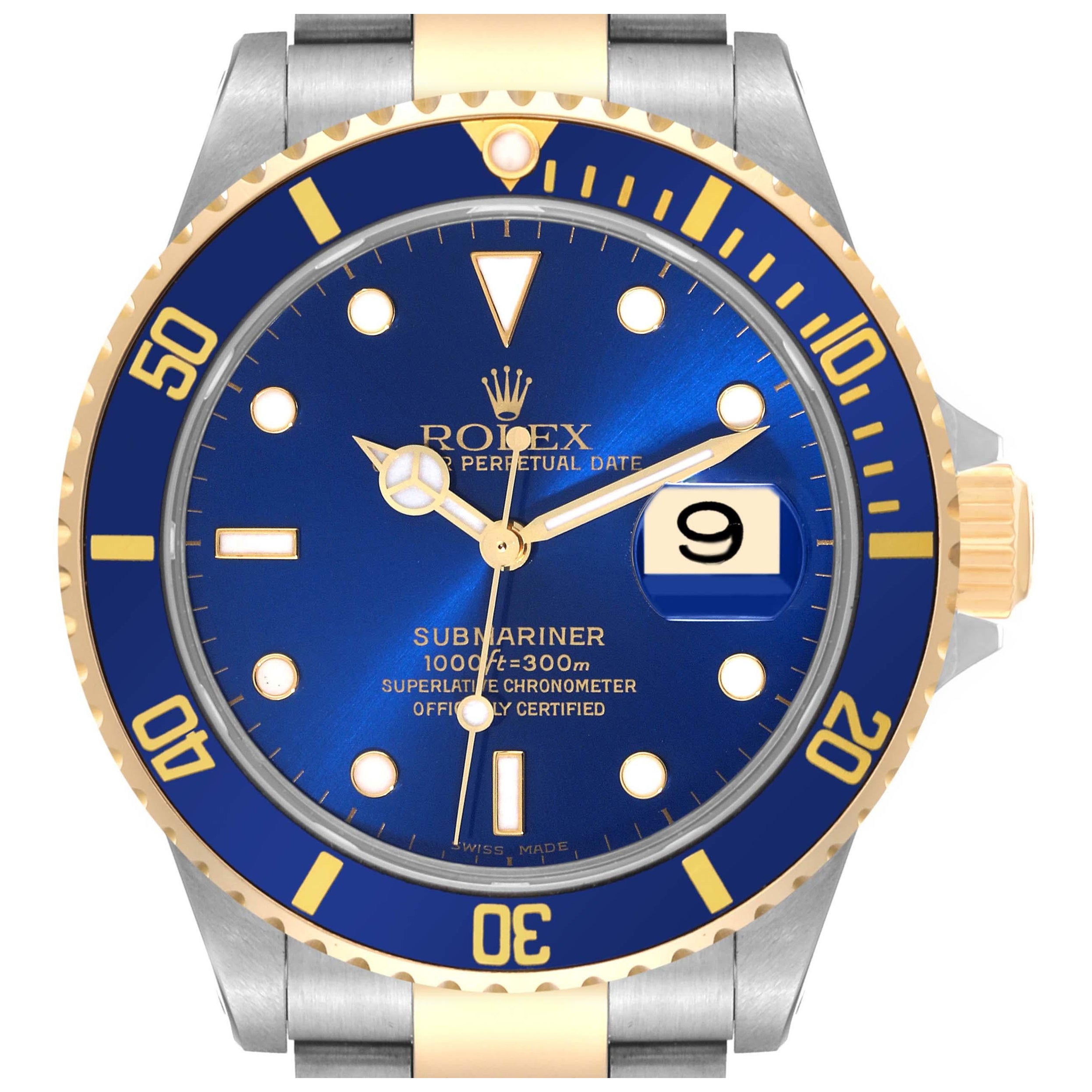 Rolex Montre Submariner bleue à cadran en acier et or jaune pour hommes 16613