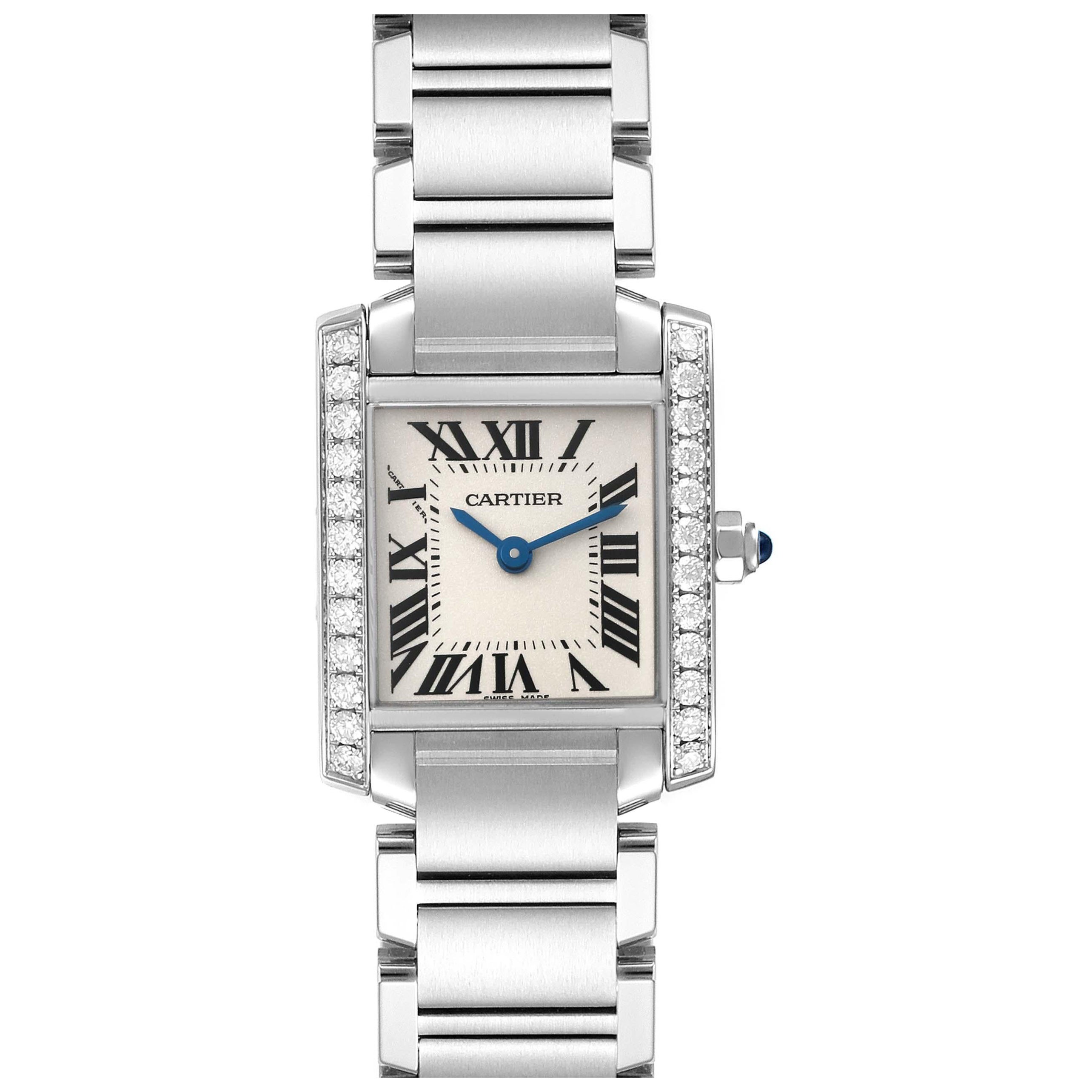 Cartier Tank Francaise Small Steel Diamond Bezel Ladies Watch W4TA0008 Box Card For Sale