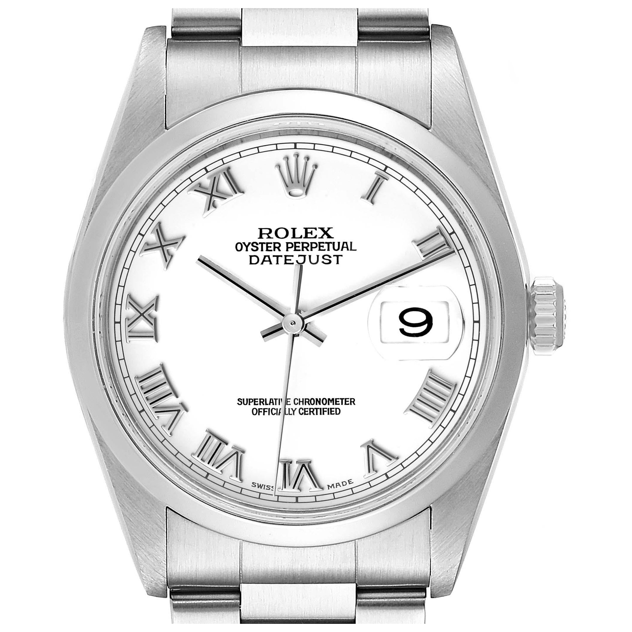 Rolex Datejust White Roman Dial Oyster Bracelet Steel Mens Watch 16200 For Sale