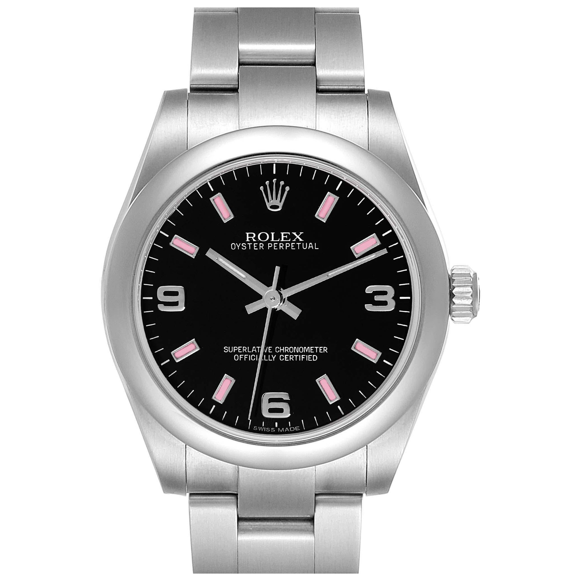 Rolex Non-Date Midsize Black Dial Pink Hour Markers Steel Ladies Watch 177200 en vente