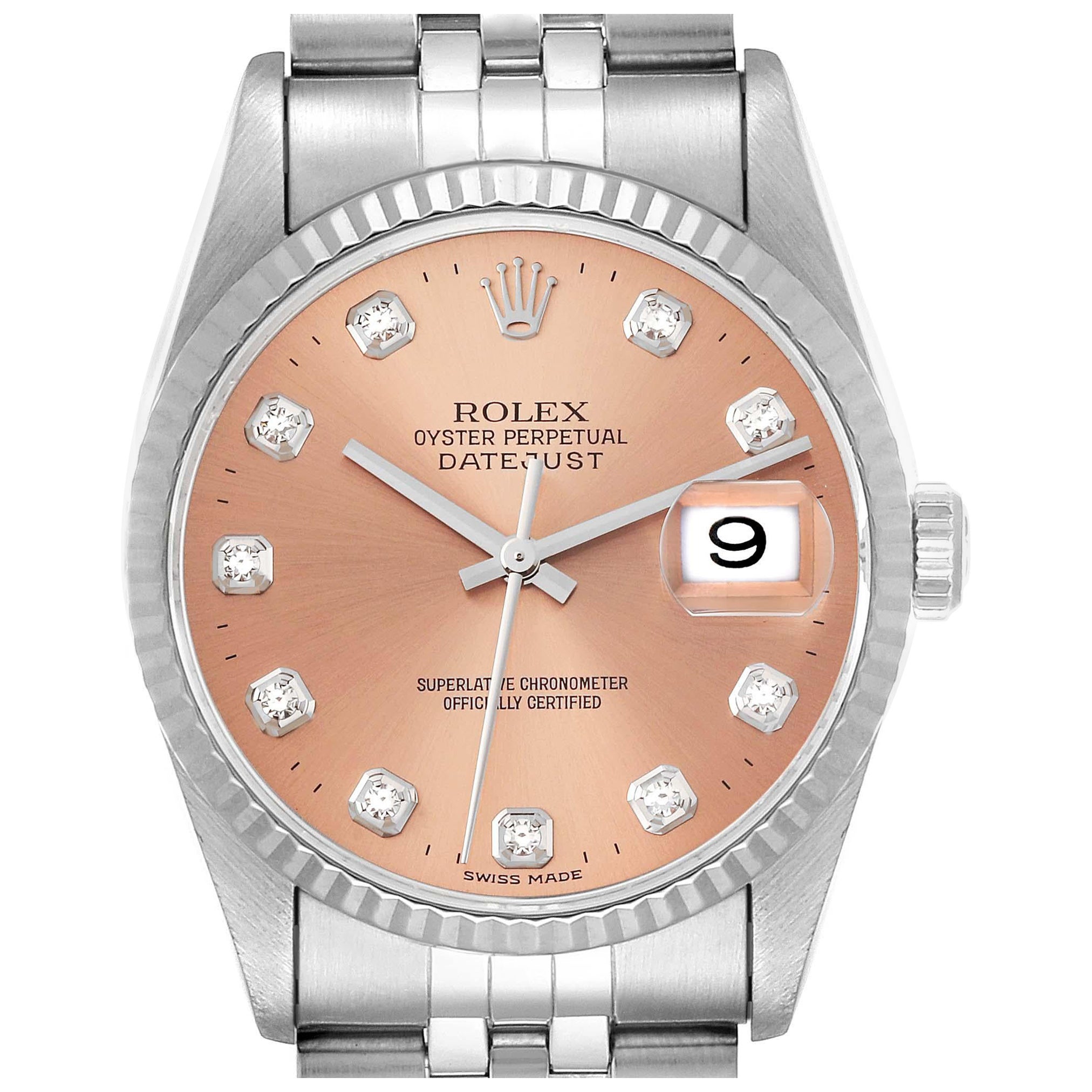 Rolex Datejust Steel White Gold Salmon Diamond Dial Mens Watch 16234 For Sale