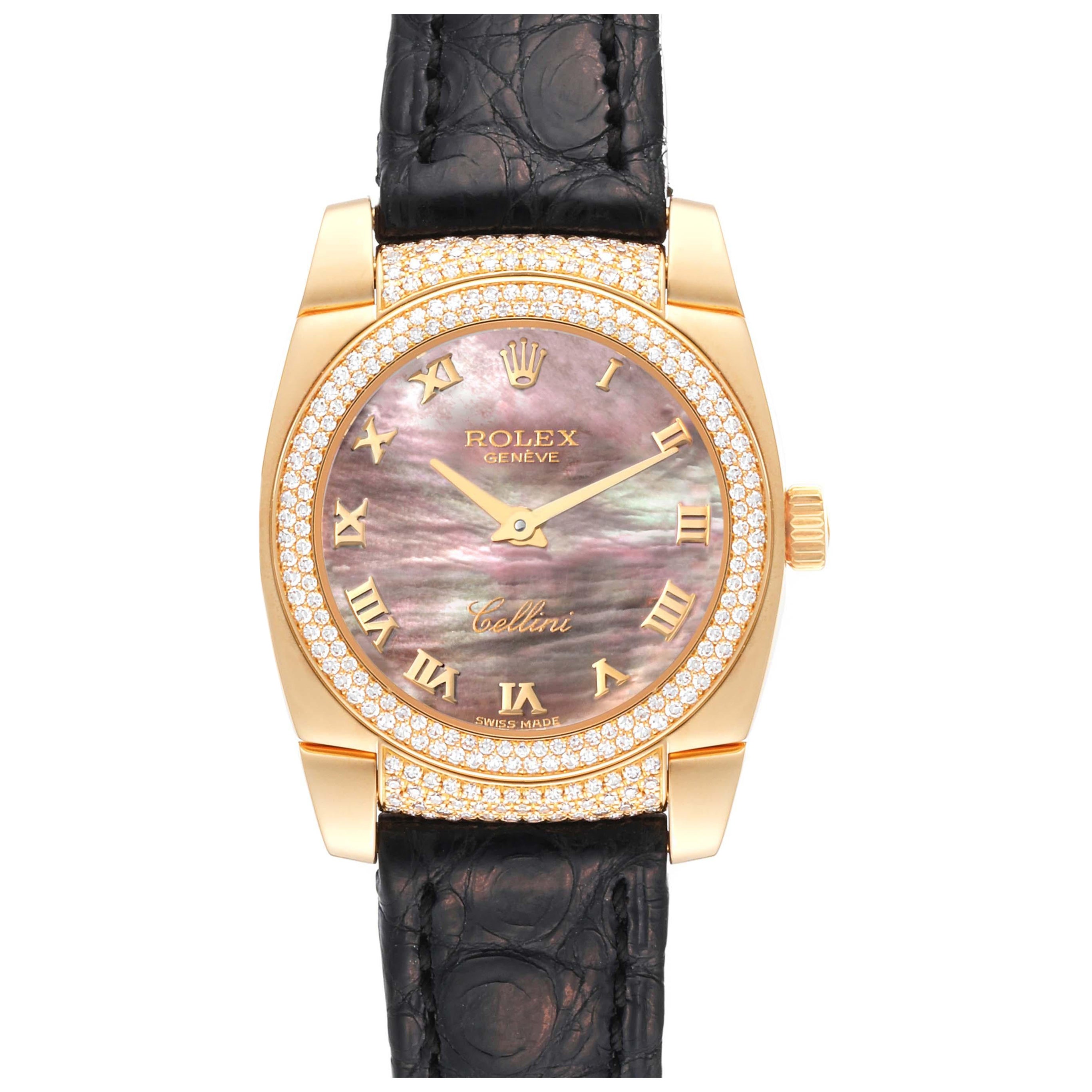 Rolex Cellini Cestello Yellow Gold Mother of Pearl Diamond Ladies Watch 6311 For Sale
