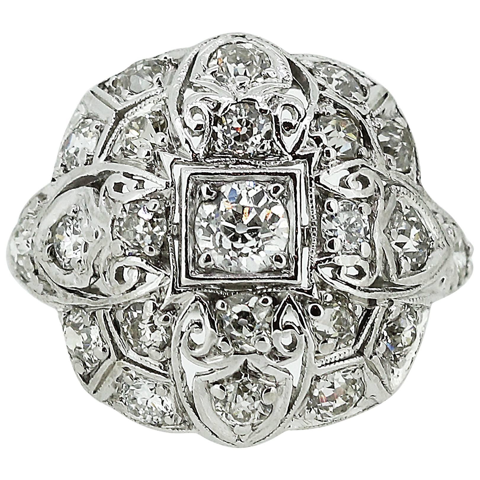 Art Deco Platinum Filigree and Diamond Cluster-Style Cocktail Ring