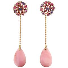 Pink Coral, Multicolor Sapphires and Diamonds Drop Earrings