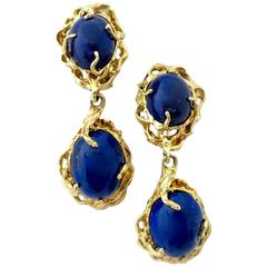 Freeform Gold and Lapis Drop Earrings in the style of Arthur King Circa 1970