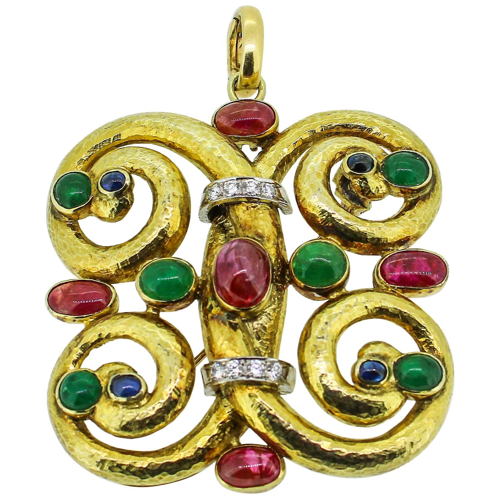 Modernist 14k Yellow Gold Emerald, Ruby, Sapphire and Diamond Pendant/Brooch