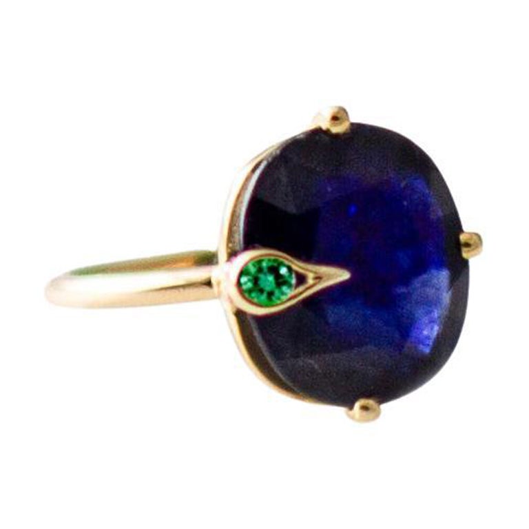 18 Karat Yellow Gold Peacock Ring with 3.73 Carats Blue Sapphire and Emerald For Sale