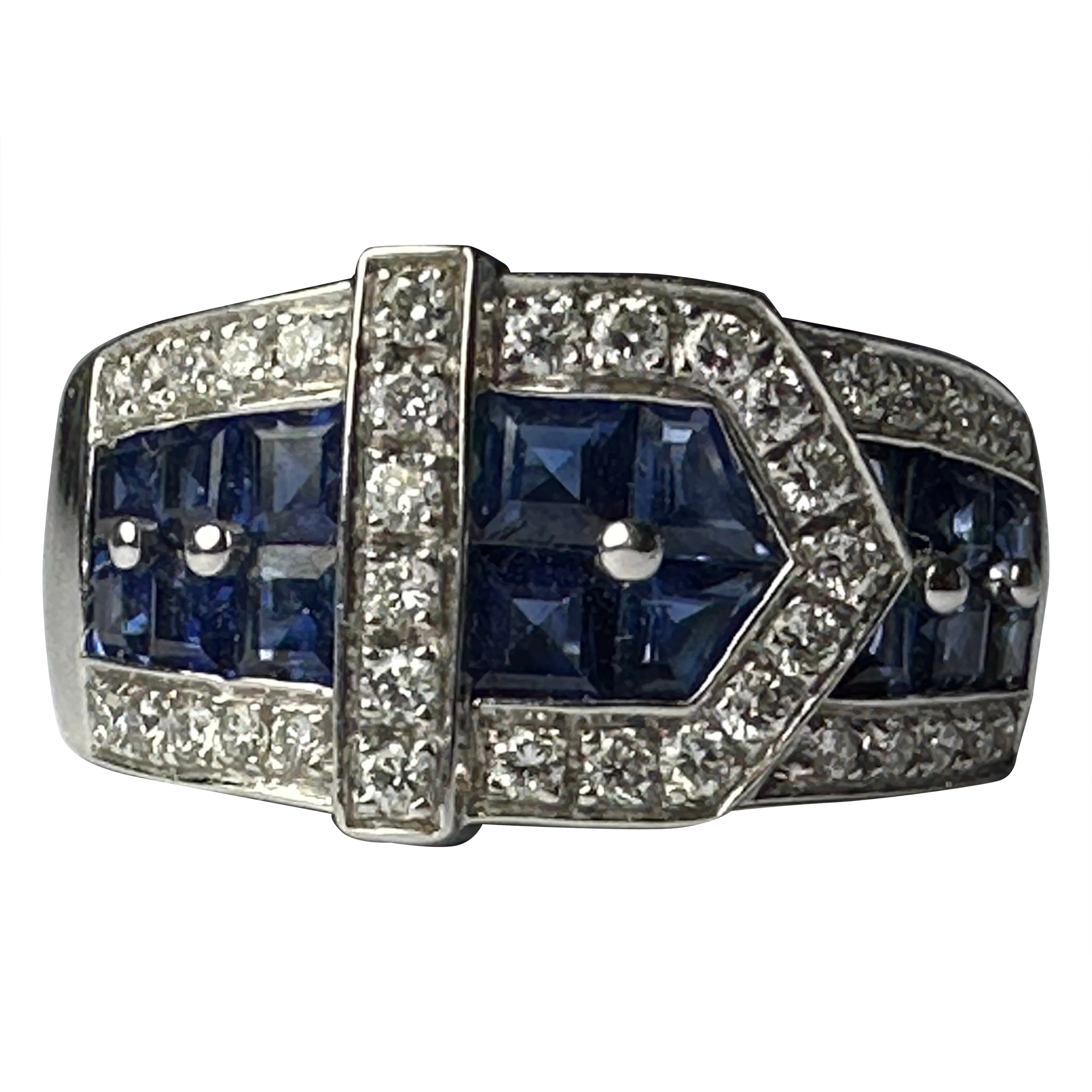 Estate Diamond and Blue Sapphire Buckle Ring  For Sale
