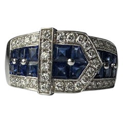 Retro Estate Diamond and Blue Sapphire Buckle Ring 