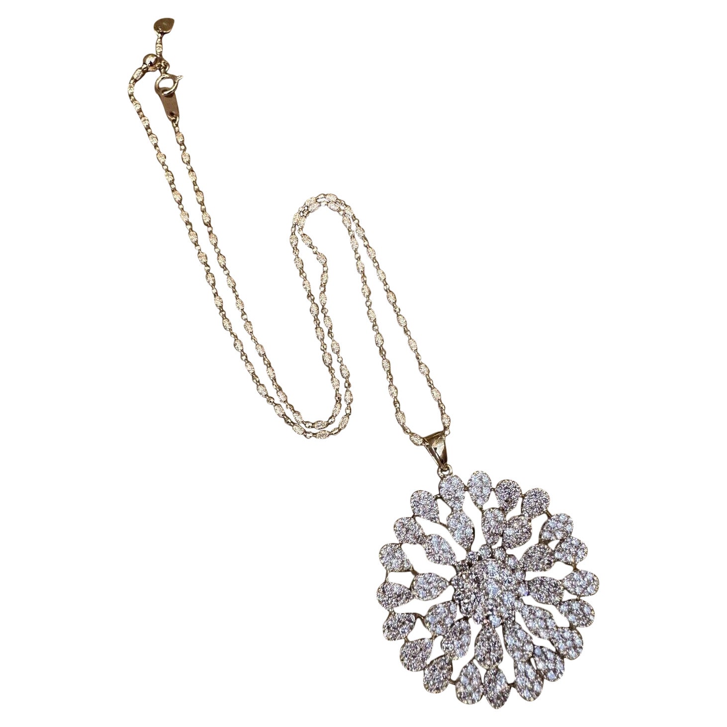 6.50 carat Pave Diamond Flower Medallion Pendant Necklace 18k Yellow Gold For Sale