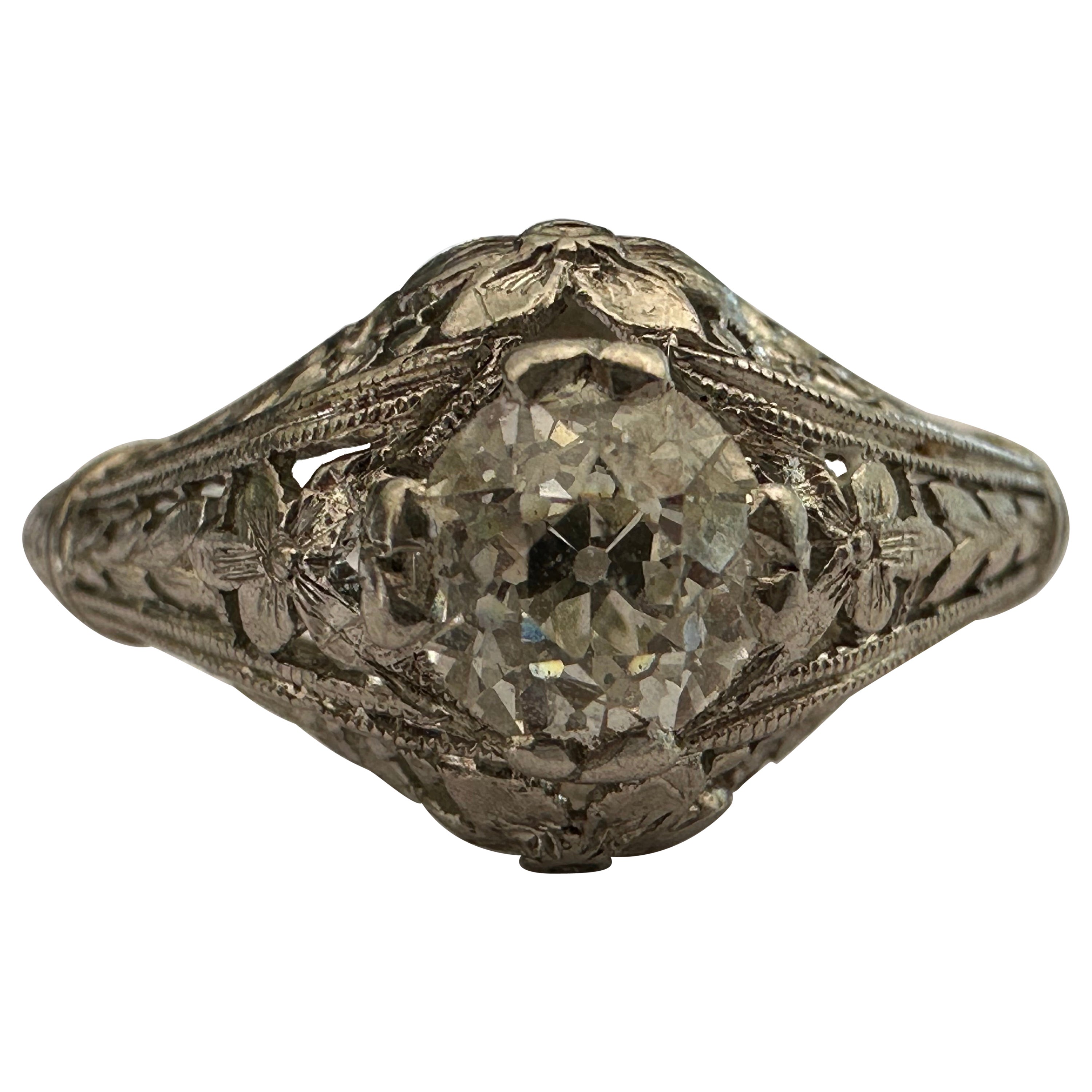 Art Deco Diamond and Filigree Solitaire Ring  For Sale