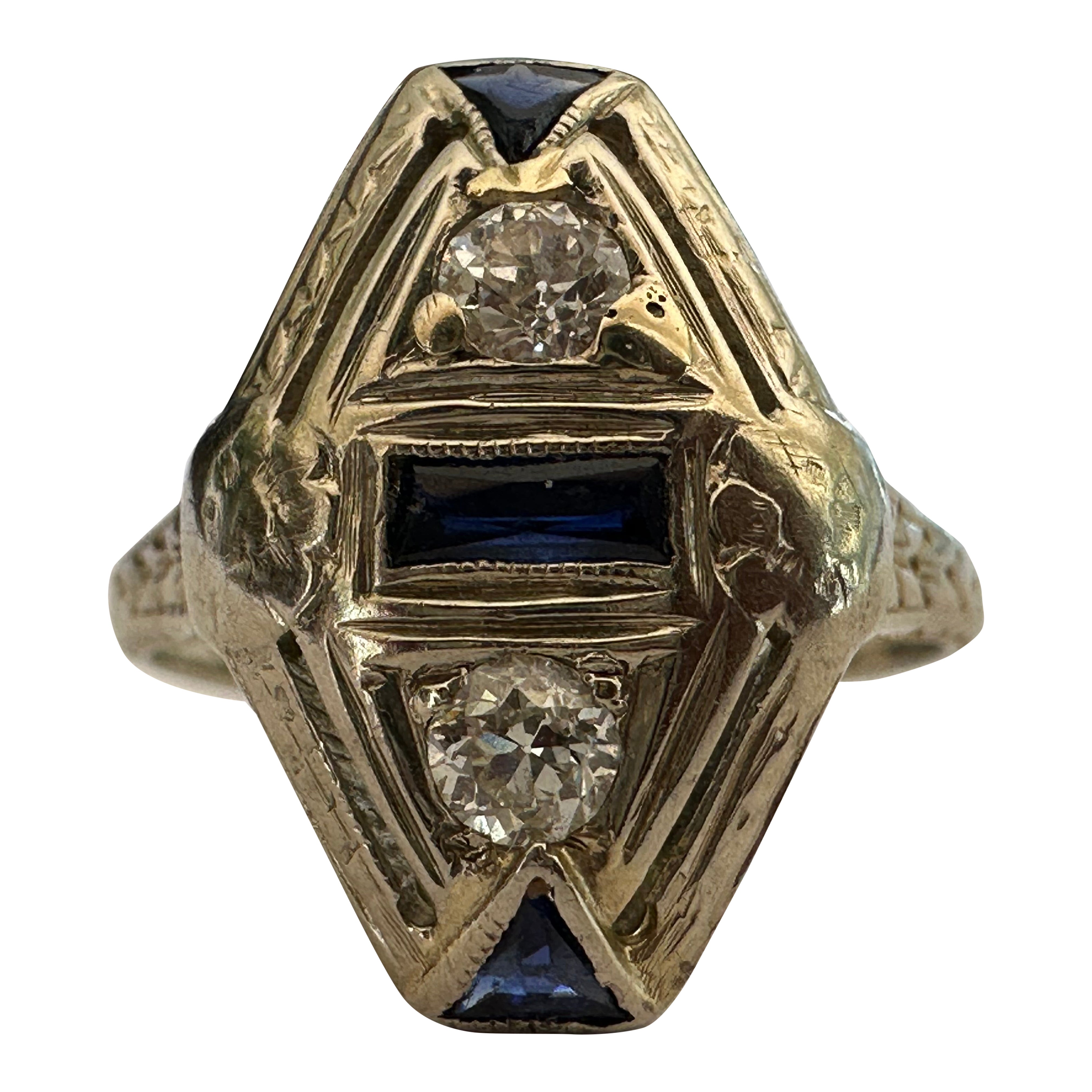 Navette Rosay Art Deco Ring mit blauem Saphir und Diamant 