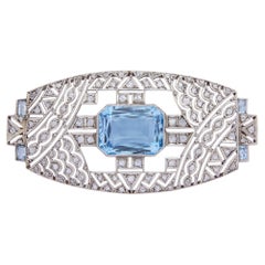 Antique Art Deco Platinum Diamond & Aquamarine Brooch