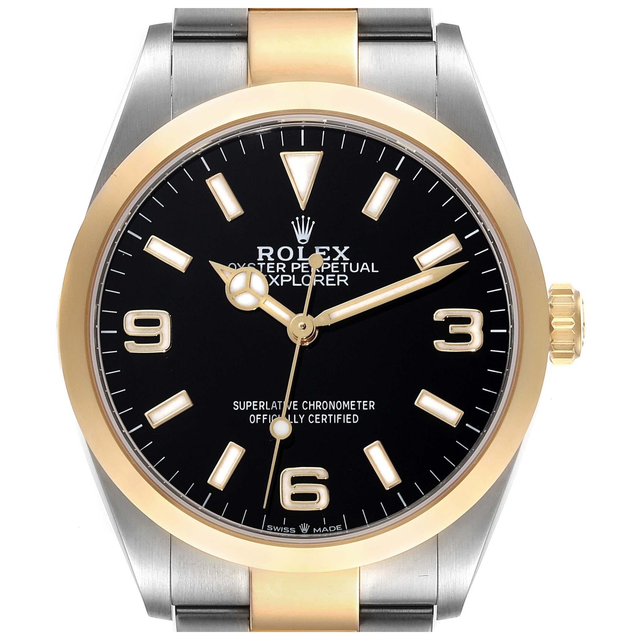 Rolex Explorer I Steel Yellow Gold Black Dial Mens Watch 124273 Box Card en vente