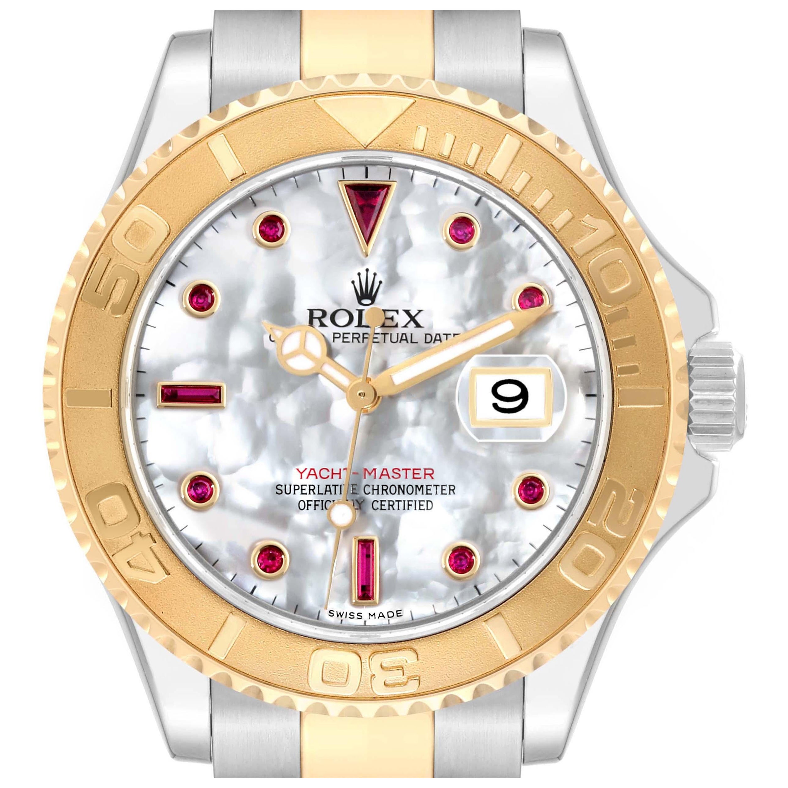 Rolex Yachtmaster Steel Yellow Gold Mother Of Pearl Ruby Dial Mens Watch For Sale