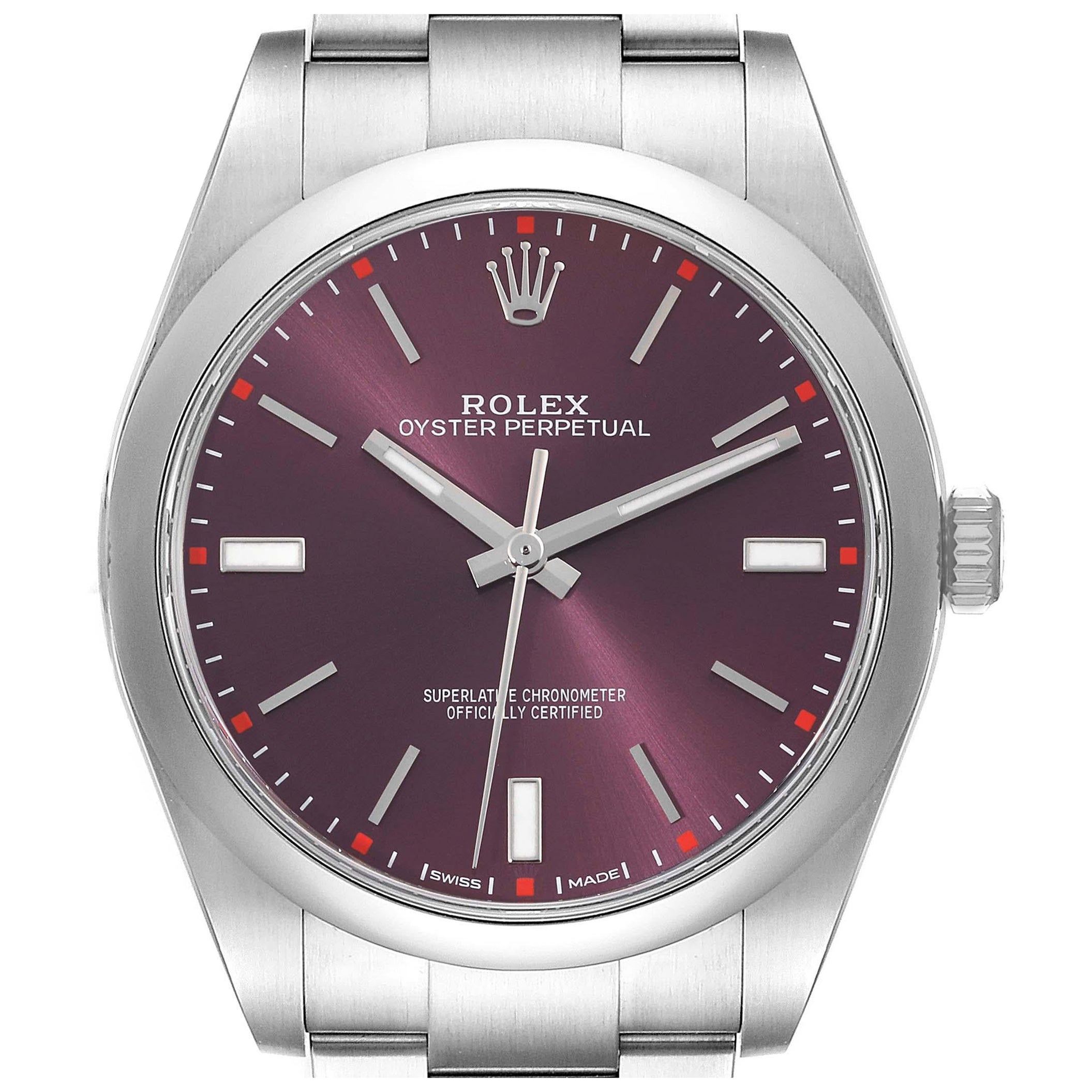 Rolex Oyster Perpetual Red Grape Dial Steel Mens Watch 114300 Box Card