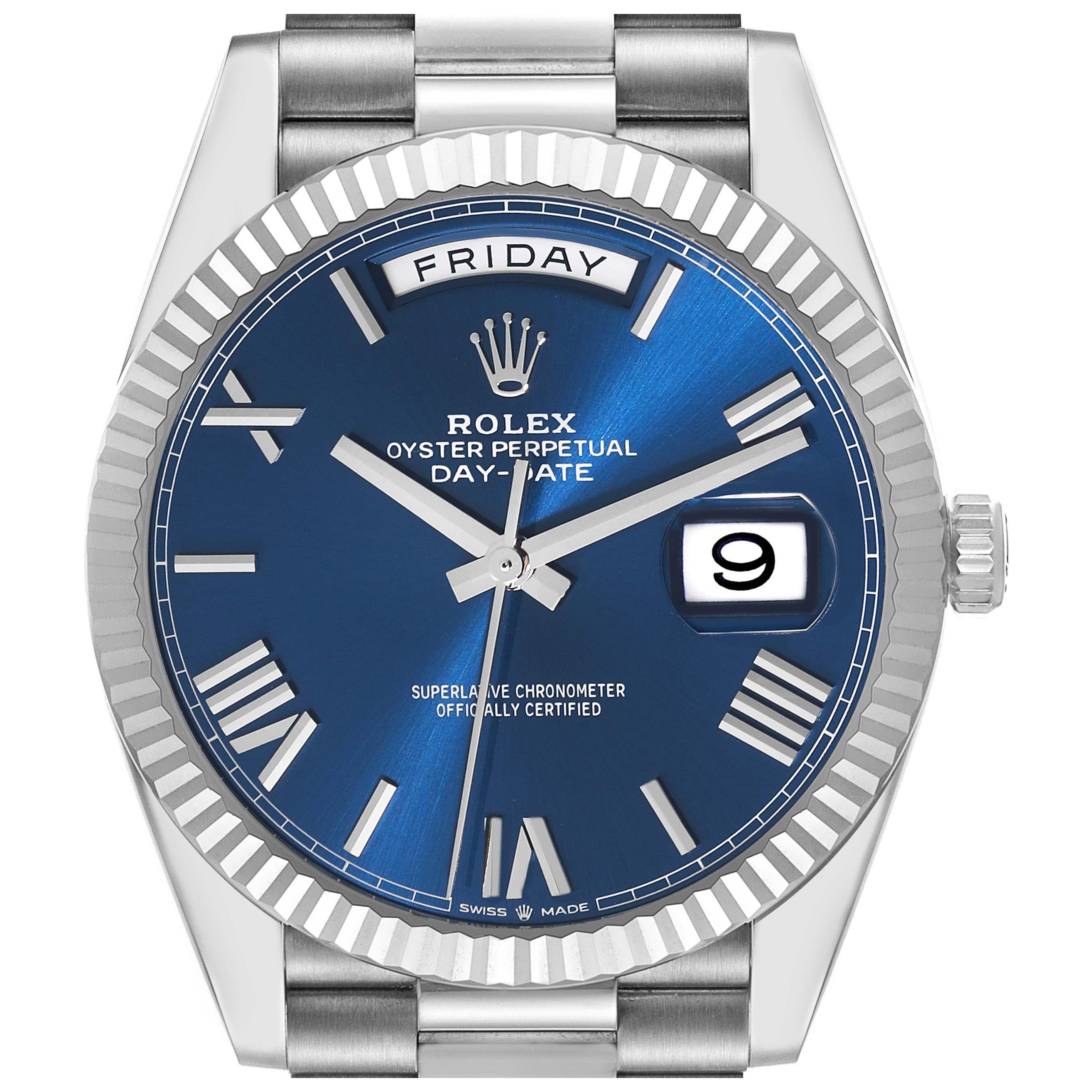Rolex President Day-Date 40 Blue Dial White Gold Mens Watch 228239 Box Card For Sale