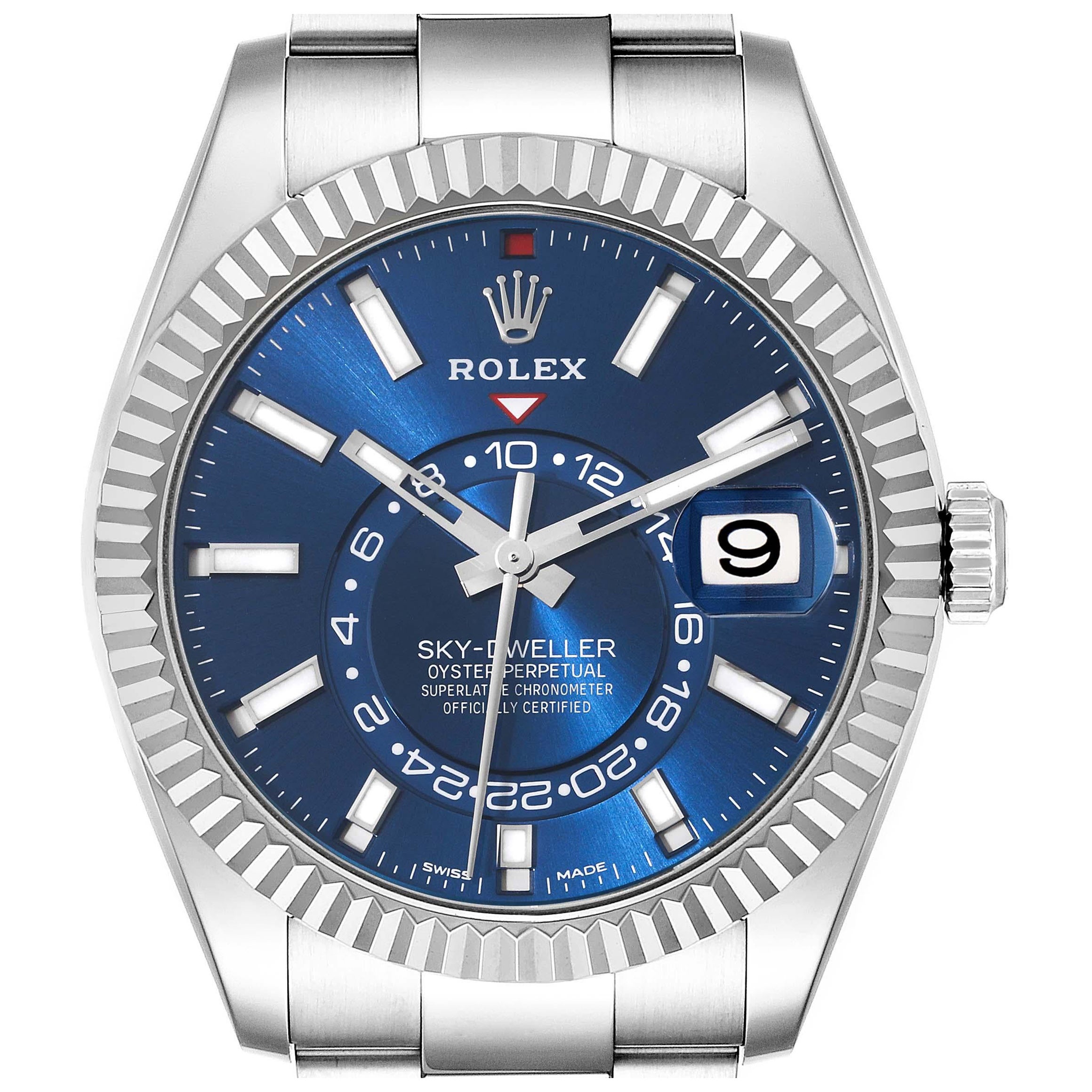 Rolex Montre Sky-Dweller bleue à cadran en acier et or blanc pour hommes 326934 avec carte de visite en vente