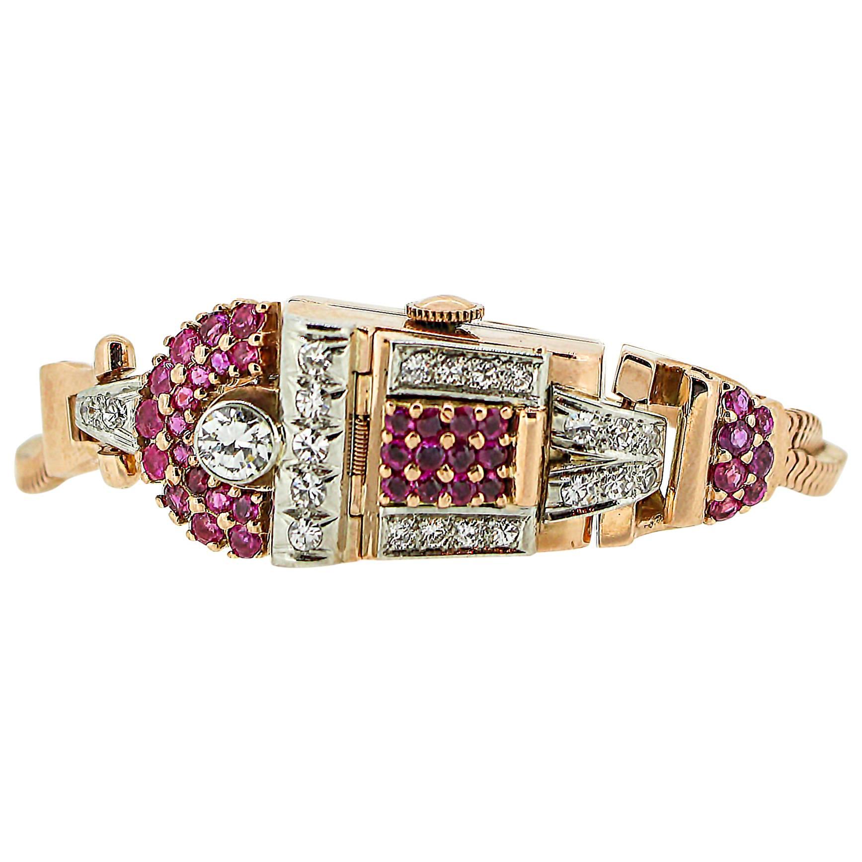 1940s Retro 14K Rose Gold Ruby and Diamond Flip Top Wrist Watch