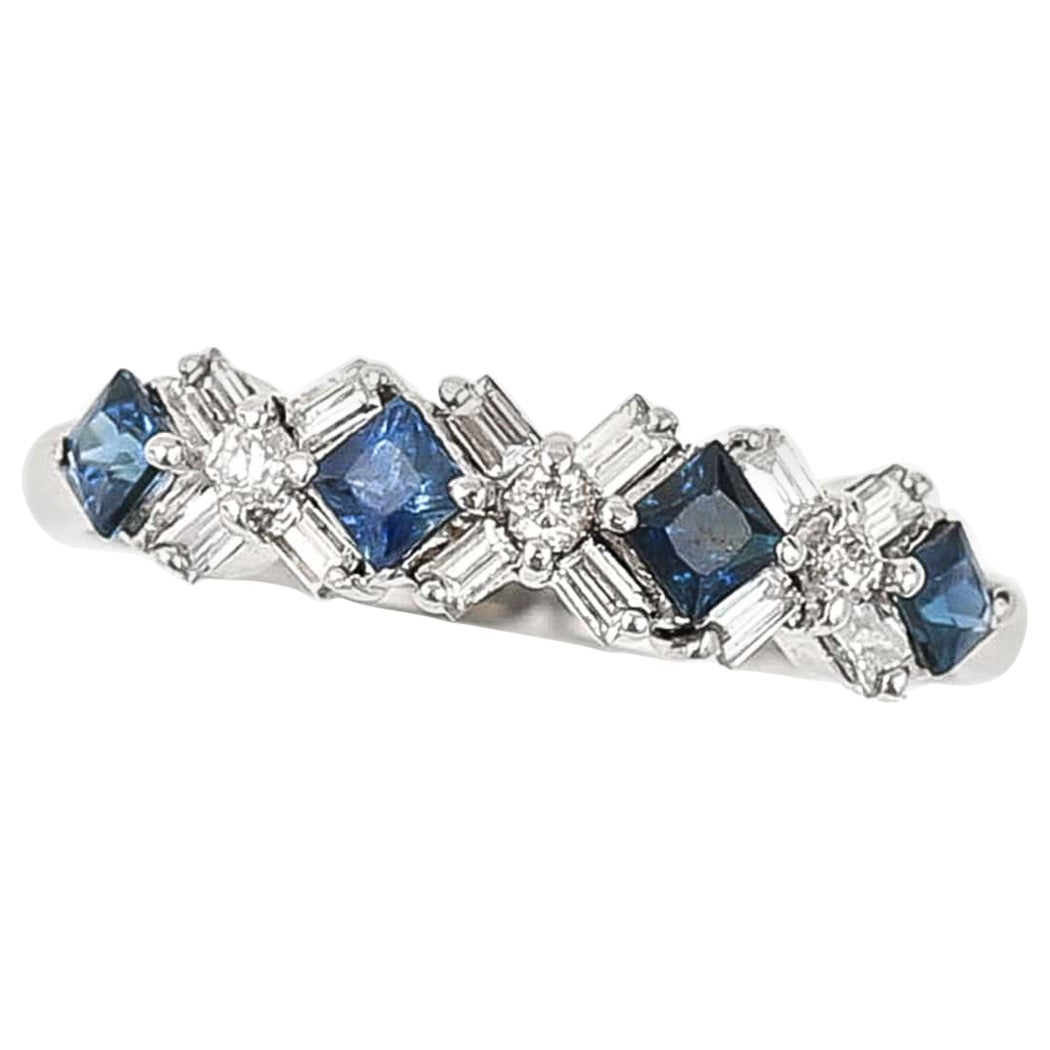 Contemporary 18ct White Gold Baguette Cut Diamond and Sapphire Ring For Sale