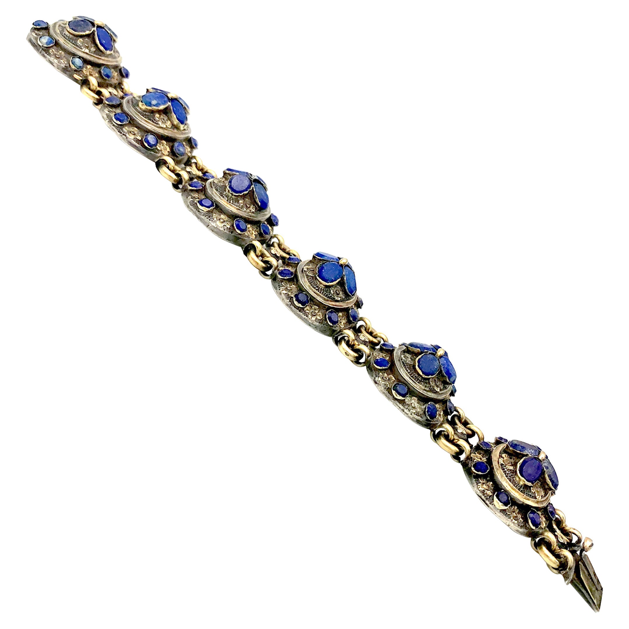 Mixed Cut Antique 1840's  Neo Gothic Bracelet Silver Gilt Lapis Lazuli Flower Ornaments For Sale