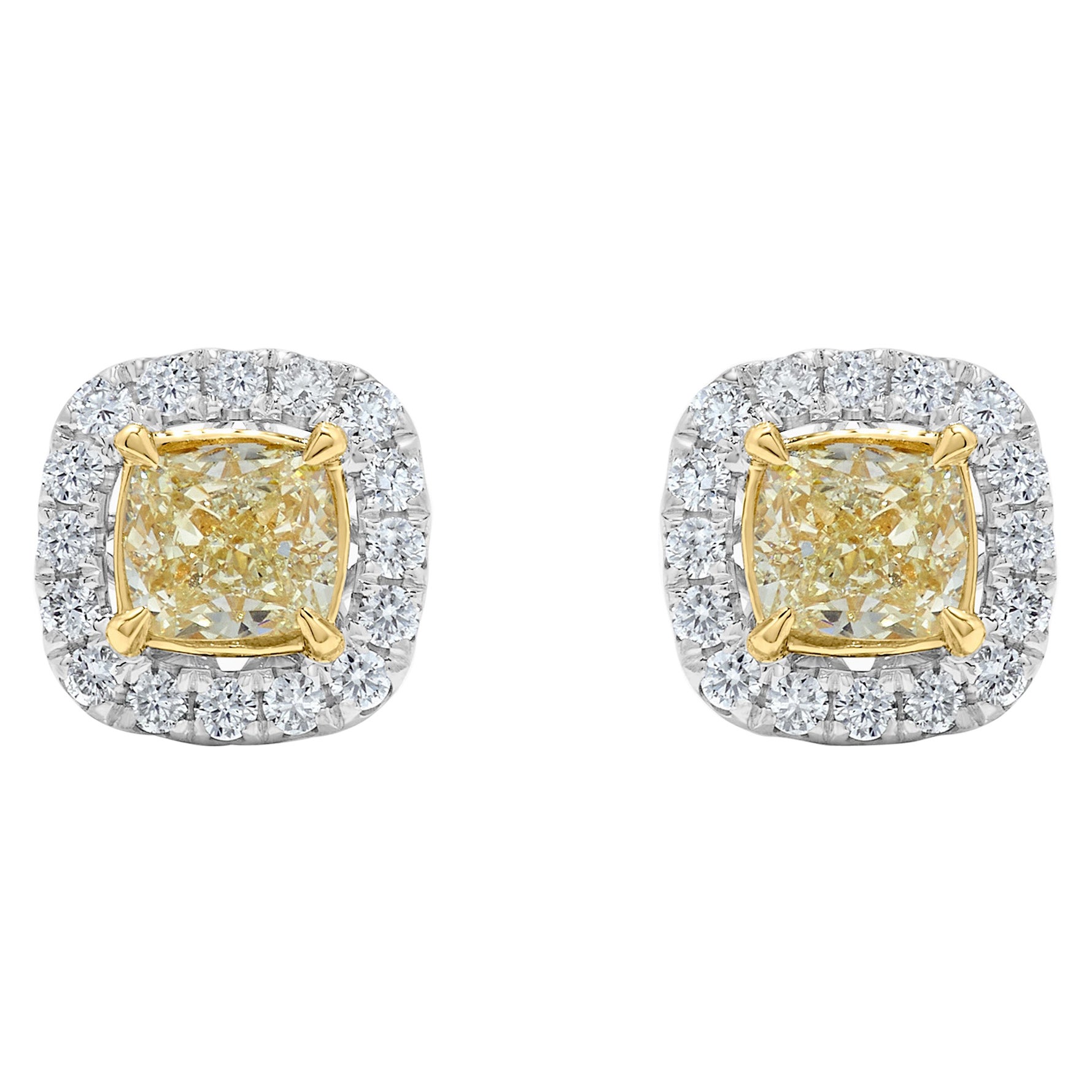 Natural Yellow Cushion Diamond 1.84 Carat TW Gold Stud Earrings For Sale