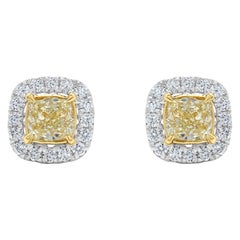 Natural Yellow Cushion Diamond 1.84 Carat TW Gold Stud Earrings