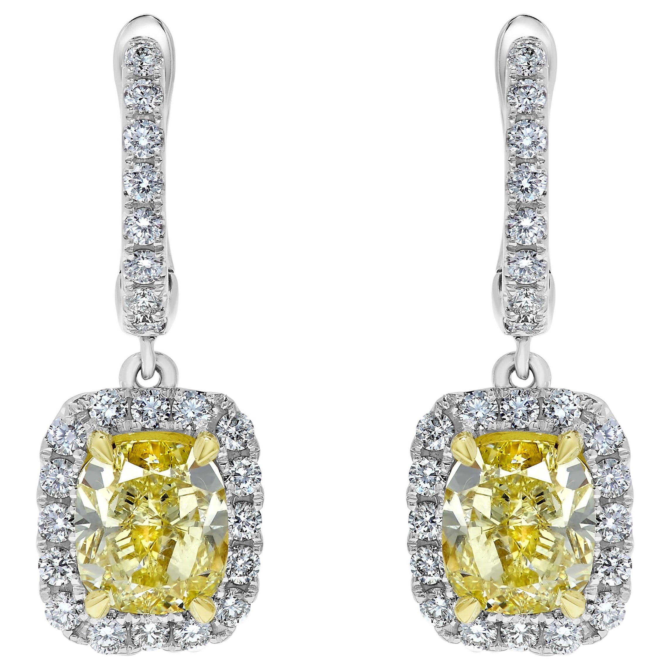 GIA Certified Natural Yellow Cushion Diamond 4.11 Carat TW Gold Drop Earrings For Sale