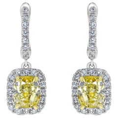 GIA Certified Natural Yellow Cushion Diamond 4.11 Carat TW Gold Drop Earrings