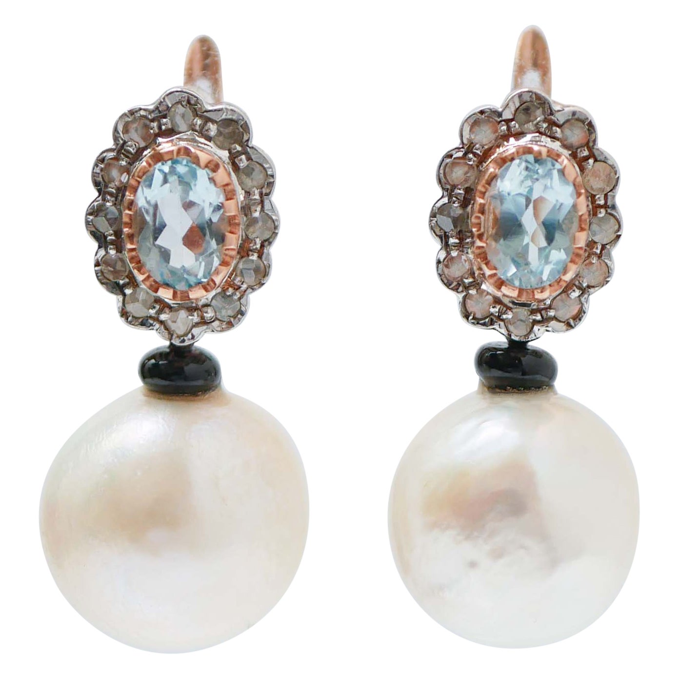 Pearls, Aquamarine Colour Topazs, Diamonds, Onyx, Rose Gold and Silver Earrings. For Sale